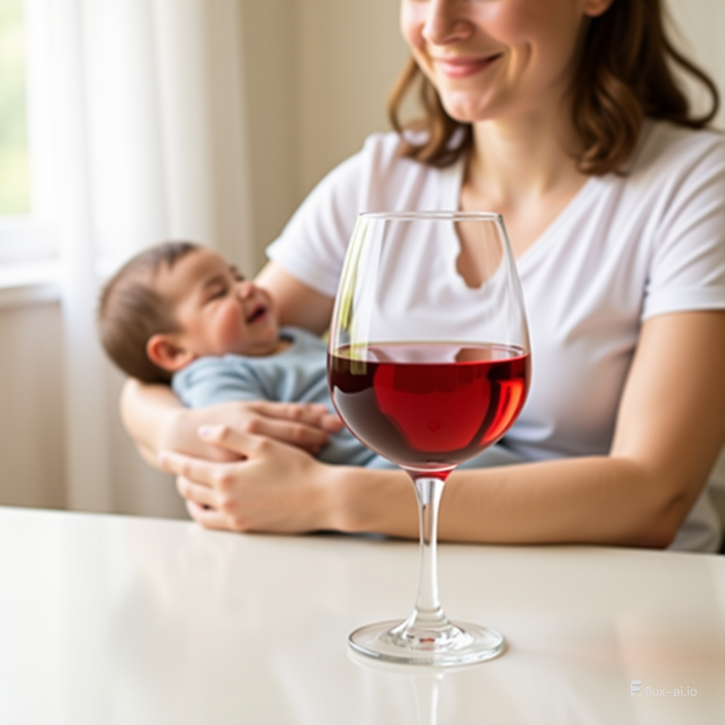 Gros plan d’un verre de vin rouge sur une table, avec en arrière-plan flou une femme qui allaite son bébé, illustrant le thème alcool et allaitement en toute modération.
