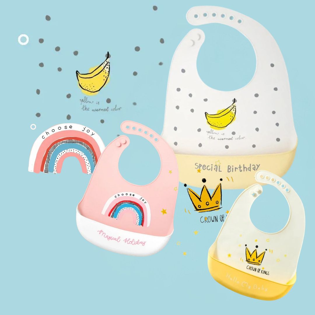 MiniMiam TrioBib™ – Lot de 3 bavoirs silicone à poche récupératrice