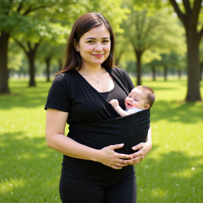Maman vêtue de noir avec son bébé joyeux en écharpe de portage physiologique, en extérieur sous les arbres.