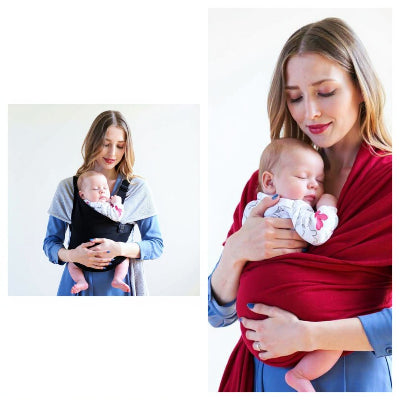 Deux mamans portant bébé en écharpe de portage, illustrant l’allaitement discret et le contact peau à peau au quotidien.