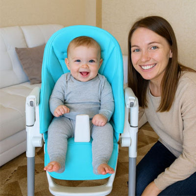 Bébé souriant installé sur un coussin chaise haute bébé turquoise avec housse imperméable et harnais de sécurité, moment convivial avec maman.