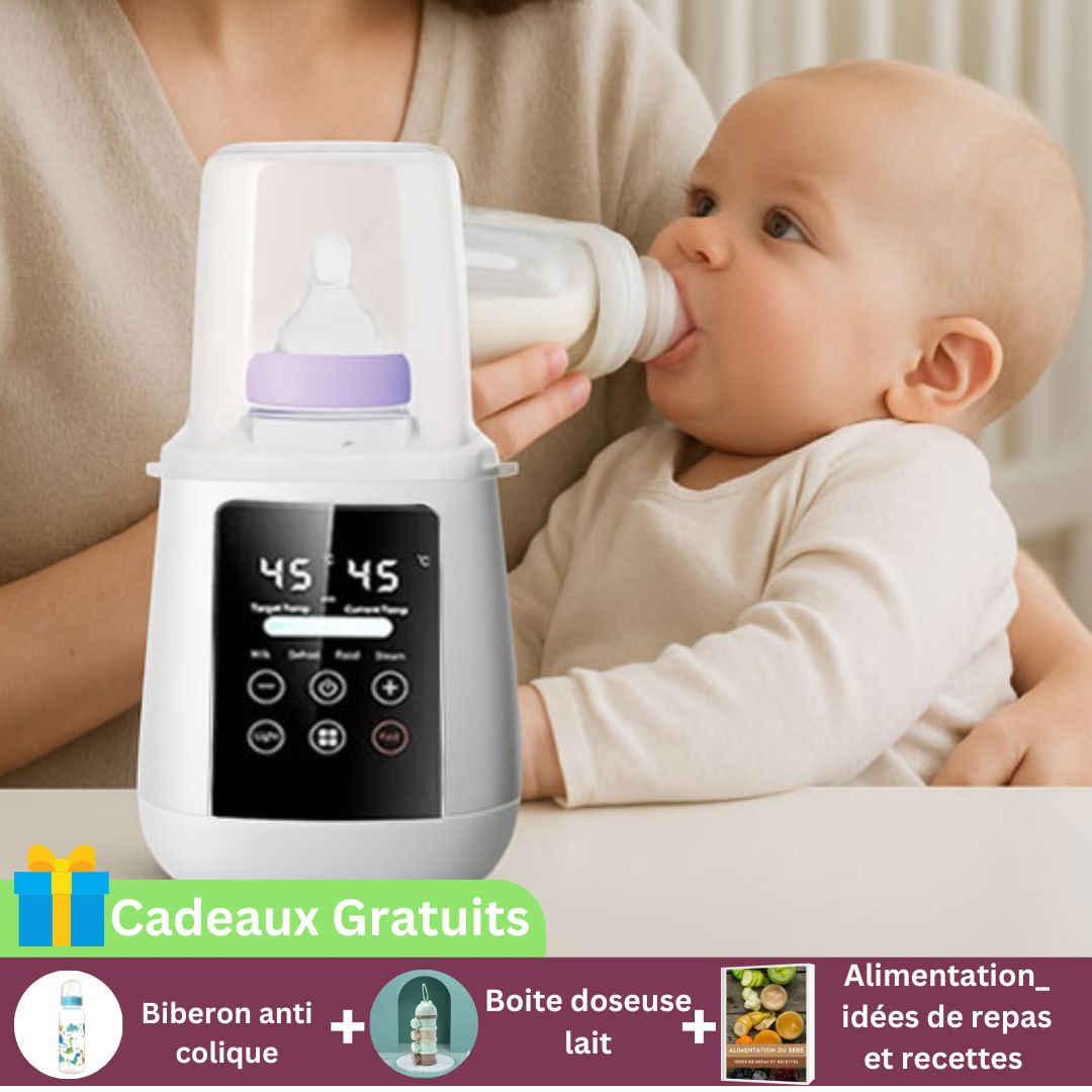 Offre promotionnelle. Bébé nourri au biberon encore chaud, maman souriante et chauffe biberon multifonction visible en premier plan.