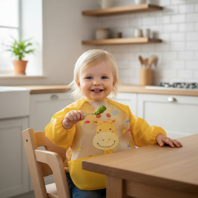 Bébé blond portant un bavoir à manche longue jaune avec motif girafe, un bavoir avec manche bébé lavable qui protège efficacement les vêtements.