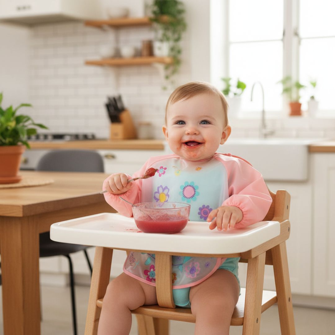 Bébé assis dans une chaise haute portant un bavoir à manche longue rose avec motifs fleurs, un bavoir fille imperméable pour repas et activités.