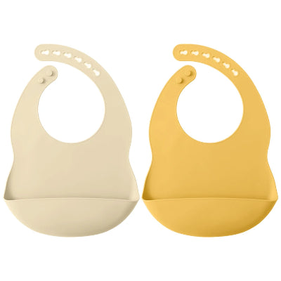 Lot de deux bavoirs bébé imperméables avec récupérateur, coloris beige et jaune moutarde