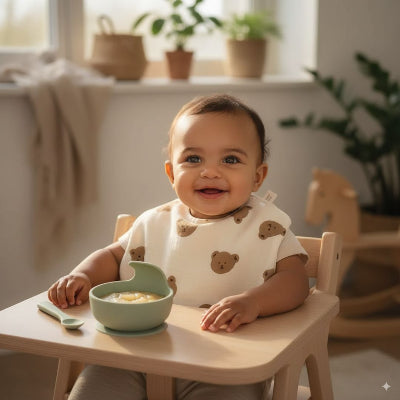 Bébé souriant assis en chaise haute avec un bavoir bébé manche longue motif ours, bol vert de purée sur la table, bavoir coton bébé pour repas.