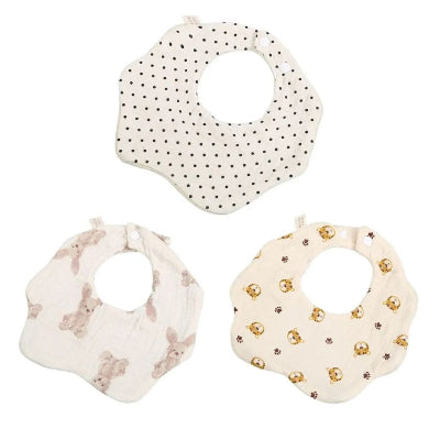 Bavoirs bébé manche longue réversibles en coton, lot de trois avec motifs pois, lapins et petits lions, bavoirs coton bébé pratiques pour repas.