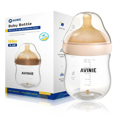 Biberon 160ml en verre avec tétine spécial bébé allaité, couleur beige, anti-colique et résistant à la chaleur, idéal nourrissons.