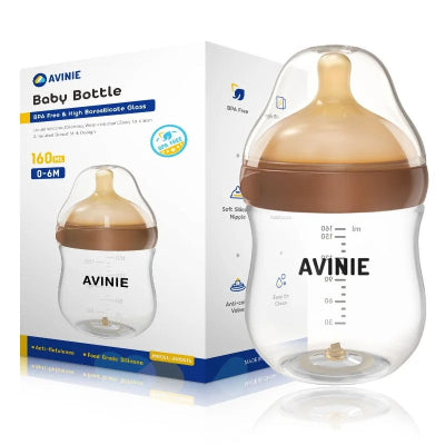 Biberon en verre 160ml avec tétine spéciale allaitement marron, anti-colique, sans BPA, dès la naissance.