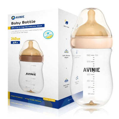 Biberon 240ml rose en verre incassable, avec tétine physiologique anti-colique et sans BPA pour bébé.