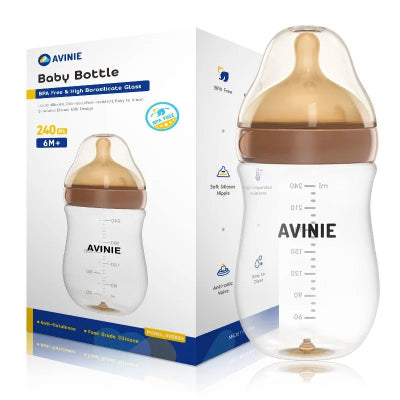 Grand biberon 240ml en verre incassable marron, anti-colique, stérilisable haute température, bébé 6 mois+.