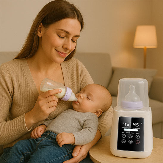 Bébé endormi dans les bras de sa maman après avoir été nourri au biberon chauffé, ambiance chaleureuse et apaisante.