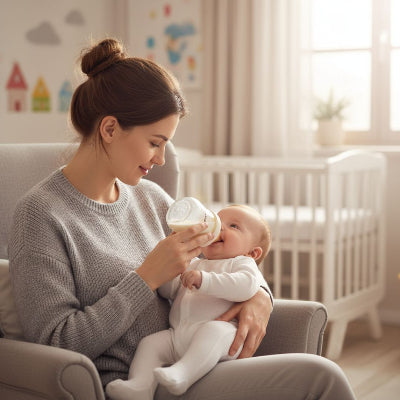 Maman donnant le biberon allaitement mixte avec tétine physiologique, favorisant une succion naturelle et confortable pour le bébé.
