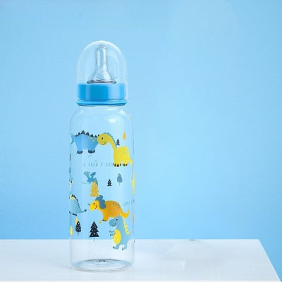 Biberon anti colique bleu motif dinosaure, tétine silicone pour transition allaitement, sans BPA
