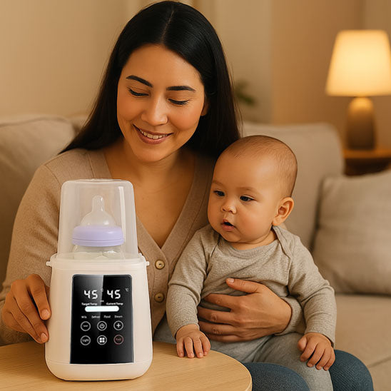 Chauffe biberon multifonction posé sur table basse, utilisé par une maman avec son bébé curieux, dans une ambiance cocooning.