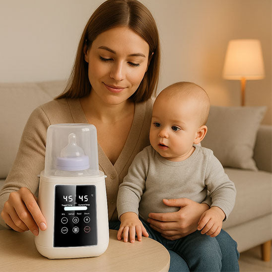 Maman tenant son bébé dans le salon tout en réglant le chauffe biberon multifonction, parfait pour un usage quotidien à la maison.