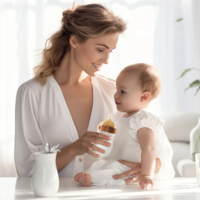 Maman donnant un biberon compatible allaitement à son bébé, idéal pour l’allaitement mixte et les premiers mois.