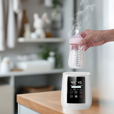 Lait maternel bien chauffé à 45°C sortant du chauffe biberon multifonction, vapeur visible garantissant une température parfaite.