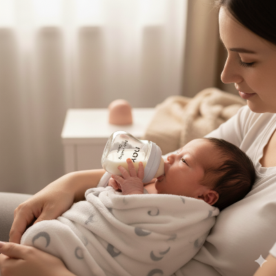 Maman donnant le biberon naissance en verre 80 ml à son nouveau-né emmailloté, moment de tétée serein