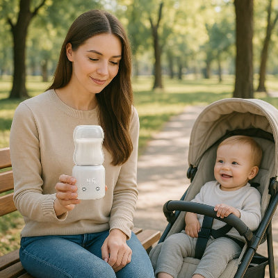 Maman assise sur un banc dans un parc, tenant un chauffe biberon portable rempli de lait chaud à 45°C, bébé souriant dans la poussette – solution idéale pour les sorties.