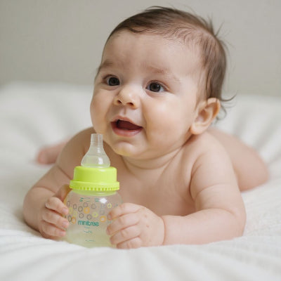 Bébé souriant tenant un biberon pour nouveau-né vert mini format, sans BPA.