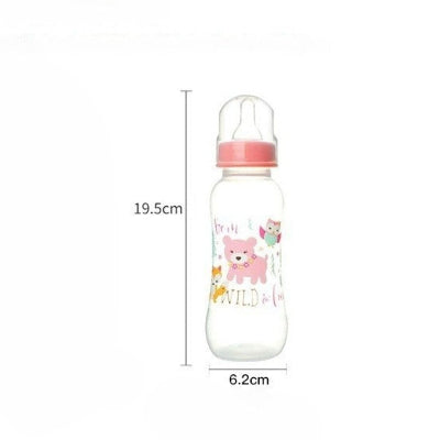 Biberon rose transparent avec dessin d’animaux et indication des dimensions (19,5 cm x 6,2 cm) – biberon bébé ergonomique pour main de parent.