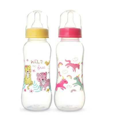 Deux biberons bébé décorés de licornes et animaux sauvages avec bouchons colorés – modèles colorés pour allaitement ludique.