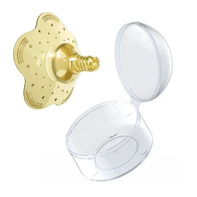 Bout de seins en silicone souple ambre avec boîte de rangement hygiénique, conçu pour protéger les mamelons sensibles pendant la tétée.