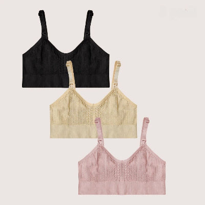 Brassières allaitement disponibles en coloris noir, beige et rose, vue à plat
