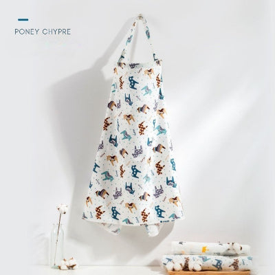 Cape d’allaitement blanche avec motifs poney multicolores, tissu léger et protecteur, parfaite pour les sorties avec bébé.