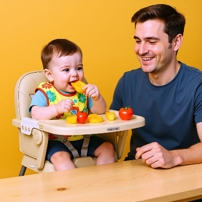Bébé installé dans une chaise haute évolutive beige CroqueTout™, découvrant ses premiers repas solides avec son papa dans une ambiance ludique.