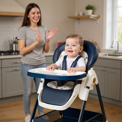 Chaise haute bébé évolutive bleue avec bébé assis confortablement, maman en arrière-plan, chaise haute bébé réglable en hauteur et compacte pour repas de famille.