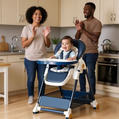 Chaise haute bébé évolutive bleue avec bébé souriant, parents en arrière-plan dans une cuisine, chaise haute enfant évolutive avec plateau double.