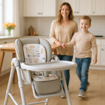 Chaise haute bébé évolutive design gris clair installée dans une cuisine lumineuse, au premier plan, avec une maman tenant la main de son enfant en arrière-plan. Idéale comme chaise haute enfant évolutive et chaise pour bébé manger grâce à son plateau large et réglable.
