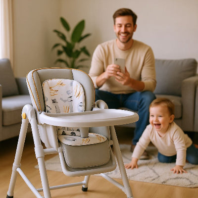 Chaise haute bébé évolutive design grise avec assise rembourrée, mise en avant au premier plan dans un salon moderne, avec un papa assis derrière et son enfant souriant au sol. Parfaite comme chaise pour bébé manger et évolutive pour accompagner la croissance.