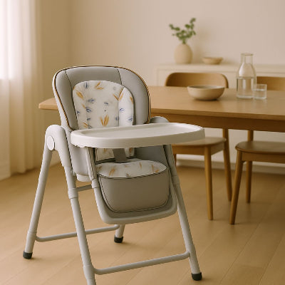 Chaise haute bébé évolutive design scandinave avec coussin imprimé, installée dans une salle à manger familiale.