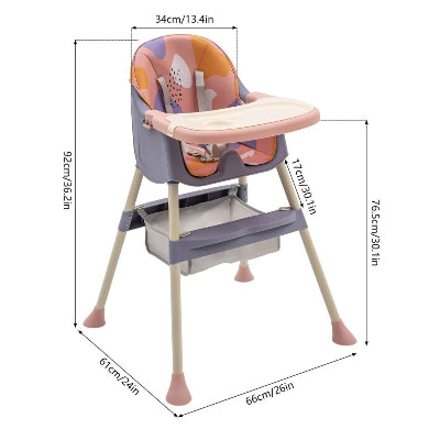 Vue technique de la chaise haute évolutive bébé confort avec dimensions détaillées, chaise haute pliable pratique avec assise large et repose-pieds stable.