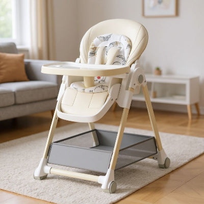 Chaise haute bébé évolutive couleur écru avec dossier rembourré et plateau blanc, chaise haute de table compacte idéale pour repas enfant et moments en famille.