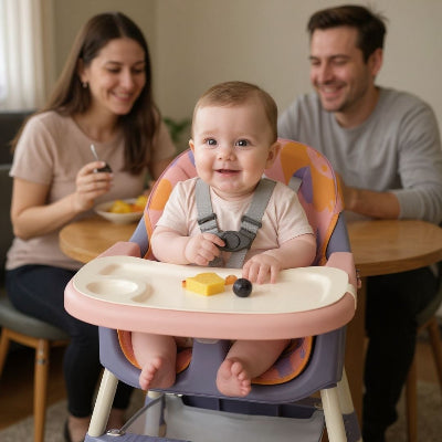 Bébé souriant dans une chaise haute évolutive bébé confort pendant un repas en famille, chaise de bébé stable et pratique avec harnais de sécurité.