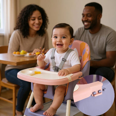 Bébé assis dans une chaise haute évolutive pliable avec ses parents en arrière-plan partageant un repas, chaise haute pas cher bébé pratique et sécurisée.