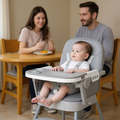 Bébé assis dans une chaise haute bébé évolutive gris perle, sécurisée avec harnais 5 points, à table avec ses parents pour un repas convivial.