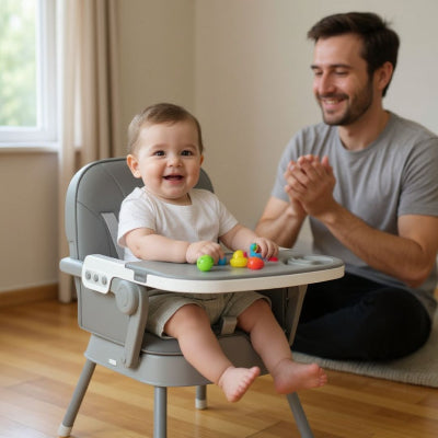 Chaise haute évolutive bébé confort en version chaise basse grise, avec bébé qui joue sur son plateau réglable sous la surveillance de son papa.
