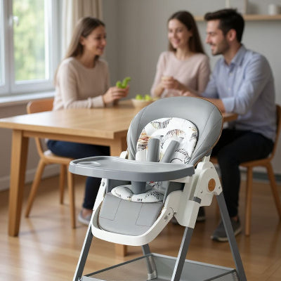 Chaise haute bébé évolutive grise placée près d’une table avec famille en arrière-plan, chaise haute de table réglable et compacte pour repas enfant.