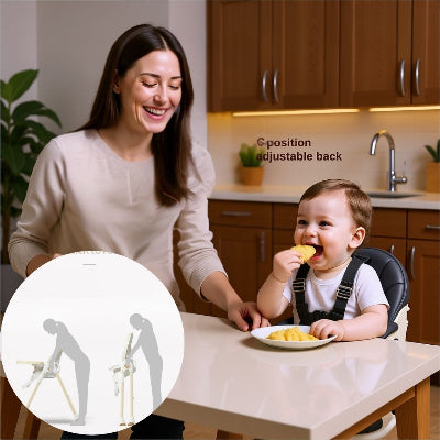 Bébé installé dans une chaise haute bébé évolutive grise pendant le repas, maman à ses côtés, montrant la praticité d’une chaise haute réglable en hauteur et adaptée à la table.