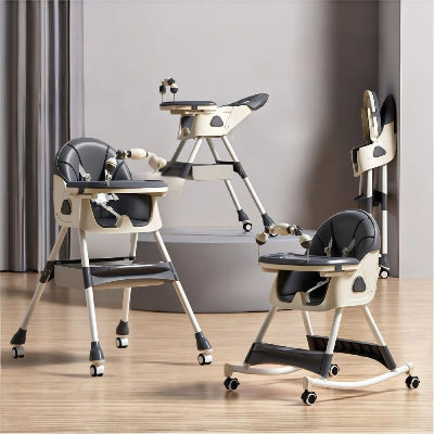 Modèle gris de chaise haute bébé évolutive multifonction avec position haute, mode rocking chair et fonction table bébé, pratique et réglable en hauteur.