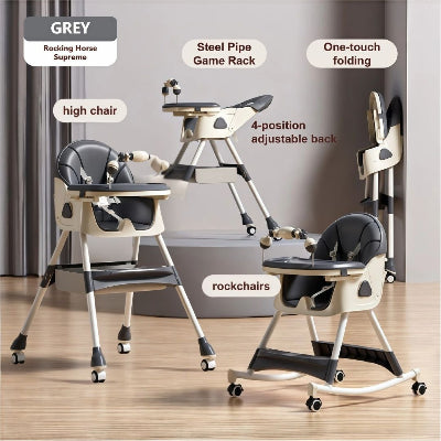 Chaise haute bébé évolutive grise avec dossier réglable 4 positions, plateau de jeu et pliage compact, idéale comme chaise haute évolutive pliable et chaise bébé table.