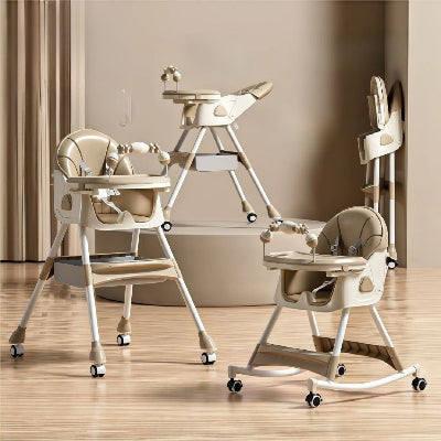 Modèle kaki de chaise haute bébé évolutive convertible en balancelle et chaise table bébé, réglable en hauteur et compacte pour un usage quotidien.