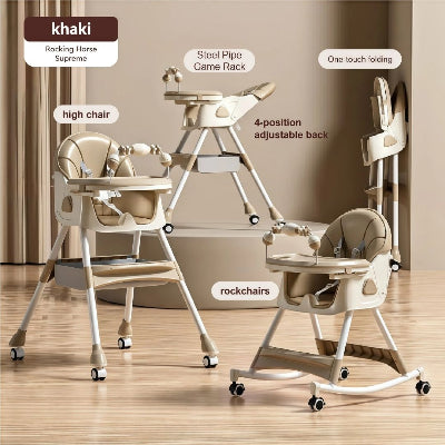 Chaise haute bébé évolutive kaki avec harnais de sécurité et dossier inclinable, version chaise haute évolutive pliable pour repas et jeux autour de bébé.