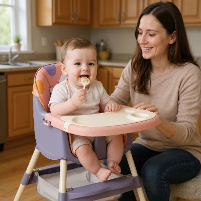 Bébé mangeant une compote assis dans une chaise haute évolutive bébé confort, accompagné de sa maman à table dans une cuisine familiale.