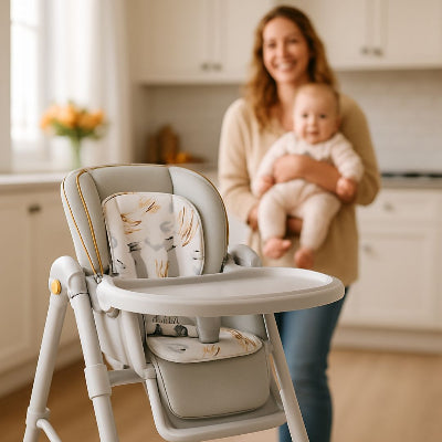 Chaise haute bébé évolutive dans une cuisine moderne avec maman et bébé joyeux en arrière-plan.